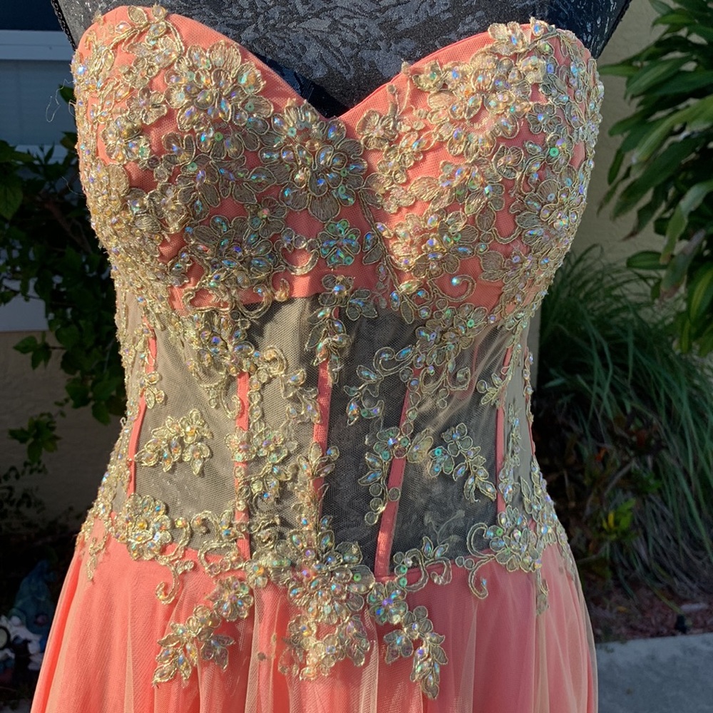 Exquisite jeweled coral colored strapless princess gown by La Femme size 6 - Picture 2 of 14